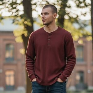 #91 NWOT Eddie Bauer Men's Dark Red Long Sleeve Henley